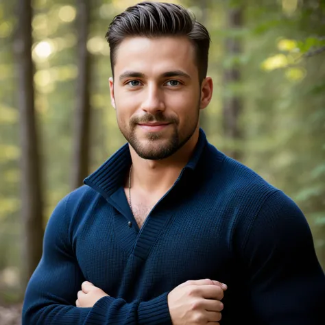 1man, RAW photo, portrait of a charismatic male fitness model, 30 years old，small beard, smiling slightly expression，gloomy eyes，Blue eyes, captured in a forest, wearing a dark blue sweater, soft natural lighting, cinematic and moody, (best quality,4k,8k,h...