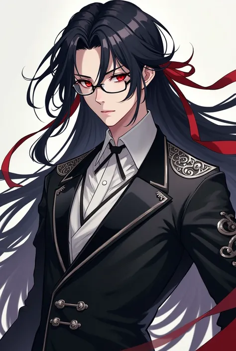 Full body image, handsome young protagonist xianxia,long black hair,red ribbon tied on hair,handsome face,red Crimson eyes,using eyeglass,villain aura menacing,use  black and white clothes,clothes style like Professor,and silver pattern motiv,cold gaze,no ...