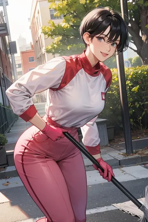 A short-haired, black-haired, muscular mature woman wearing long pink rubber gloves, white boots and a red long-sleeved, long-pants gym uniform is cleaning up the schoolyard with a smile