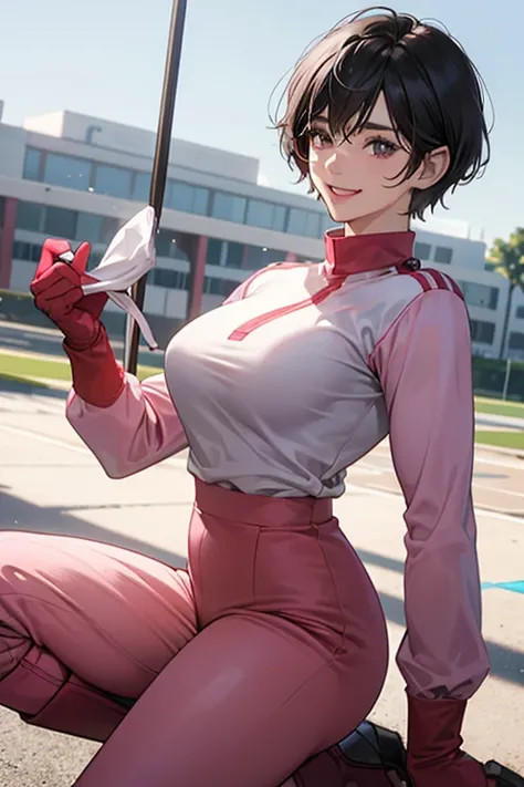 A short-haired, black-haired, muscular mature woman wearing long pink rubber gloves, white boots and a red long-sleeved, long-pants gym uniform is cleaning up the schoolyard with a smile