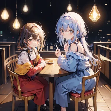 sit in a western restaurant((Curry Rice))eat(2 girls)　(smile)　Off-the-shoulder tops　spoon　Dim Light　(Starry Sky)　Full Body Shot 　Distance　Shallow depth of field with matte texture　pixiv style　Wide angle　From above　Anime stuff