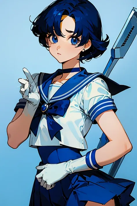 sailor mercury, blue eyes, blue hair, short hair, (parted bangs:1.5),back bow, blue bow, blue choker, blue sailor collar, blue skirt, bow, choker,earrings, gloves,standing