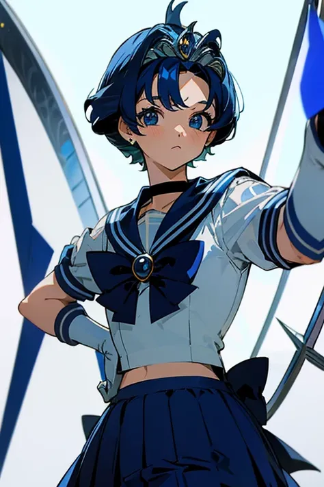 sailor mercury, blue eyes, blue hair, short hair, (parted bangs:1.5),back bow, blue bow, blue choker, blue sailor collar, blue skirt, bow, choker,earrings, gloves,stud earrings, (tiara:1.5),facing viewer,standing
