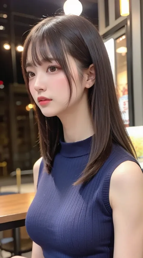 beautiful girl, Very beautiful and detailed face, Laugh shyly, Deep Valley), (((Side view)))(She has very large breasts、白い色のhigh neck sleeveless ribbed knit:1.3), (Denim shorts.), (Panty shot)(Tight clothing), Her hair is permed in a bob., (Beautiful Face:...