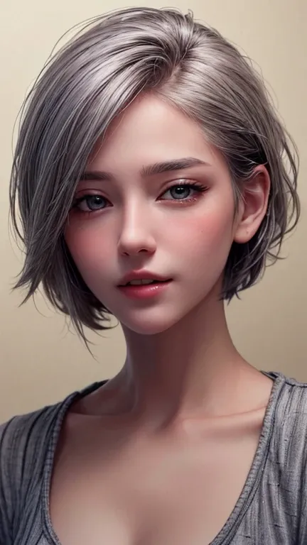 Best Quality、masterpiece、超High resolution、(Realistic:1.3)、RAW Photos、(One Girl), Beautiful Face, (Realistic Face), (Gray Hair、short hair:1.3), Beautiful Hairstyles, Realistic eyes, Beautiful details(Realistic Skin), Beautiful Skin, (shirt), Confused, charm...