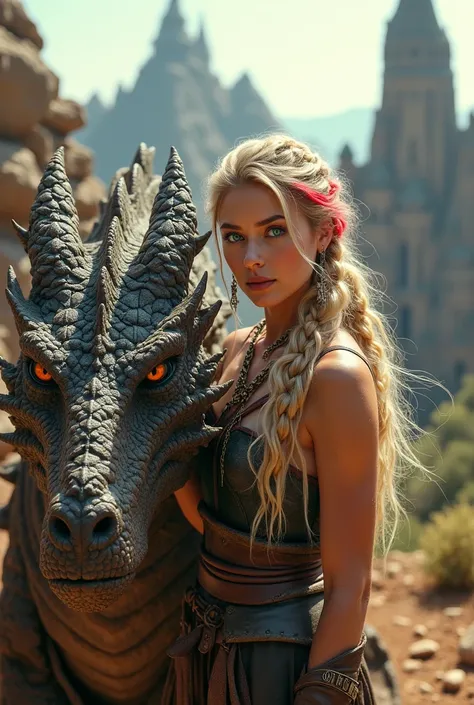 High resolution full body photo of a young woman with blonde, wavy hair with red highlights, intricately braided, blue eyes and wears ancient warrior clothing. The woman stands next to a large dragon with textured scales, sharp horns, wings and amber eyes....