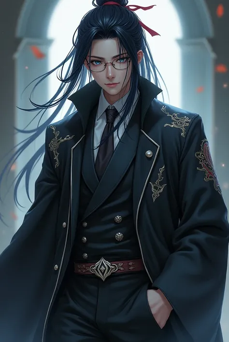 Full body image, handsome young protagonist xianxia,long black hair,red ribbon tied on hair,handsome face,dark blue eyes,using eyeglass,villain aura menacing,use  black and white clothes,clothes style like Professor,and silver pattern motiv,cold gaze,no sm...