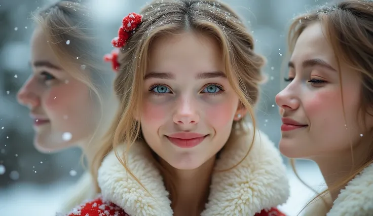 Photographic picture, super realism, divide 3 screen, different happy face, tender face, closed eye, kiss scene face, different angle , Snow White and the Seven Dwarfs, French cute White girl, 20-age, Monica, golden hair, long hair, blue eye, natural make,...