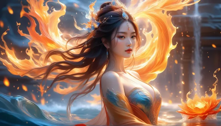 A Visionary Masterpiece In 32K Resolution, Exquisite Quality, Ultra-Detailed, Breathtaking Digital Creation, Artistic And Elegant, Extreme Highres 32K Digital Art, Fluid Motion, Intricate Patterns. A Girl With Flames And Cascading Water In Her Hair, Highli...