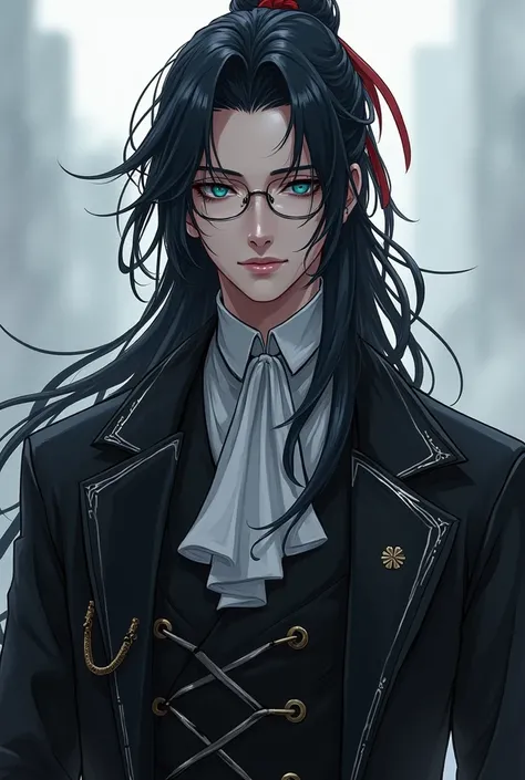 Full body image, handsome young protagonist xianxia,long black hair,red ribbon tied on hair,handsome face,dark blue eyes,using eyeglass,villain aura menacing,use  black and white clothes,clothes style like Professor,and silver pattern motiv,cold gaze,no sm...