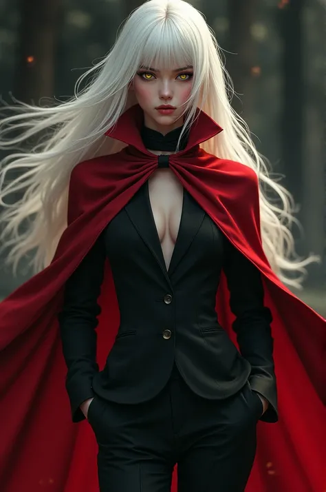 White-haired, golden-eyed girl in a black suit and a red cape 