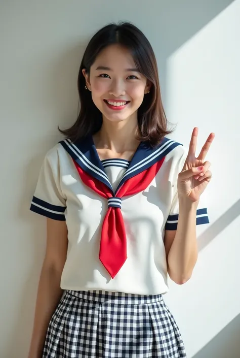 modern、Japan、High-quality photos、Japan女性、１By people、Mature Woman、Beauty、女子高校生の娘のセーラー服を着たJapan人のお母さん、Tight short-sleeved sailor suit top for students、Red tie、Checkered pleated mini skirt、3 mother、Smiling and making a peace sign、