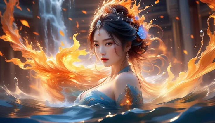 A Visionary Masterpiece In 32K Resolution, Exquisite Quality, Ultra-Detailed, Breathtaking Digital Creation, Artistic And Elegant, Extreme Highres 32K Digital Art, Fluid Motion, Intricate Patterns. A Girl With Flames And Cascading Water In Her Hair, Highli...