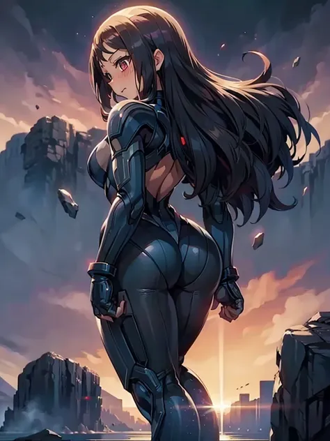 hmochako, blushing, long hair, voluptuous figure, superhero, black leotard, view from behind