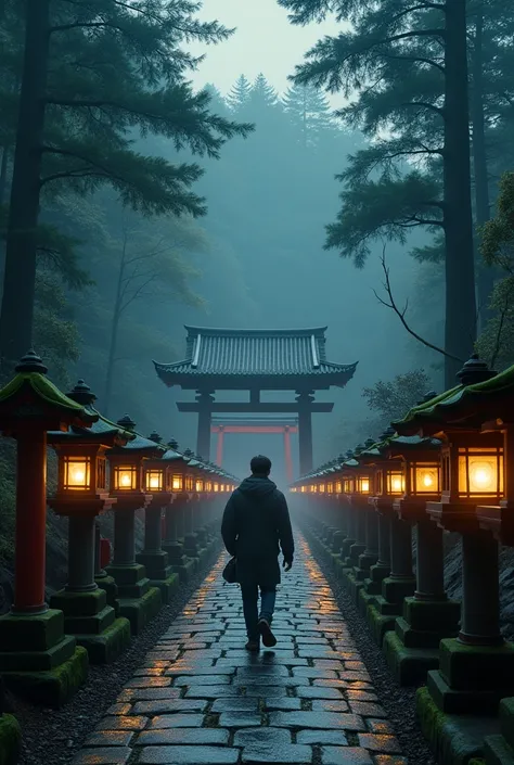 Walking along the approach to Kasuga Taisha Shrine in Nara。Old, moss-covered stone lanterns line both sides of the cobblestone road.、As you walk through the forest, you will see the vermilion shrine building.。tree々The atmosphere of the quiet shrine surroun...