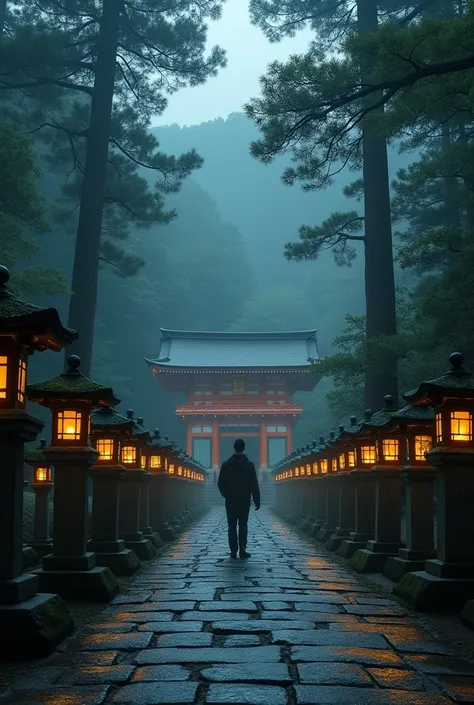 Walking along the approach to Kasuga Taisha Shrine in Nara。Old, moss-covered stone lanterns line both sides of the cobblestone road.、As you walk through the forest, you will see the vermilion shrine building.。tree々The atmosphere of the quiet shrine surroun...