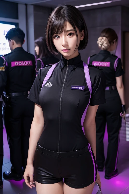 High image quality、detailed、Secret Underground Base、Dimly lit room、Woman guarding、Multiple people、Beautiful body、Beautiful Face、Black Eyes、Black Short Hair、thin、purple bodysuit、Uniform、セキュリティUniform、security guard、