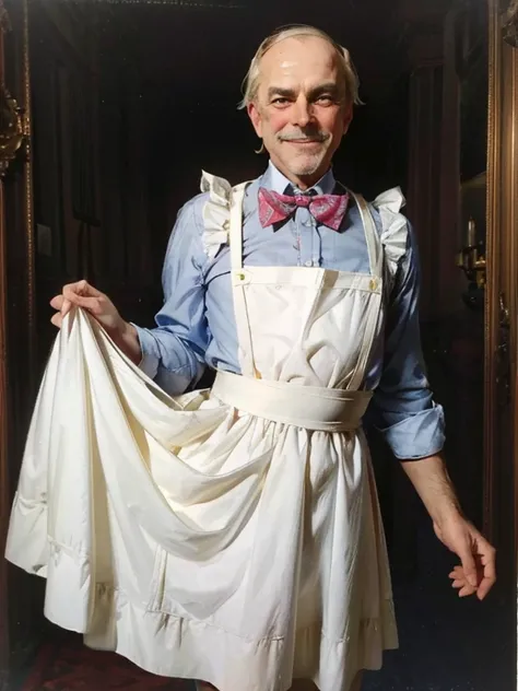 1 male, Partially edentulous perverted middle-aged man, cosplaying as Alice in Wonderland. wearing Alice in Wonderland style sweet dress and apron, up skirt with your hands, Panties are slightly visible, exposed White Panties, pervert, A dull face, but hap...