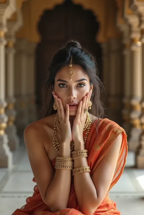 Beautiful woman (Eva Mendes) wears a sari sitting criss-cross, a bindi in the middle of the forehead, beautiful royal temple, Jewelry, gem, Necklace, gold bracelet, anklet, thick lips, Hands on lips, Skin discoloration, parted lips, (detailed eyes), (Seduc...