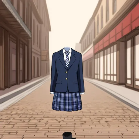 a headless figure in a formal outfit resembling a school uniform. the figure is wearing a dark blue blazer, white button-up shir...