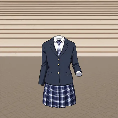 A headless figure in a formal outfit resembling a school uniform. The figure is wearing a dark blue blazer, white button-up shirt, striped necktie, and a plaid skirt. The figure is posed as if walking confidently down an urban street, with their right hand...