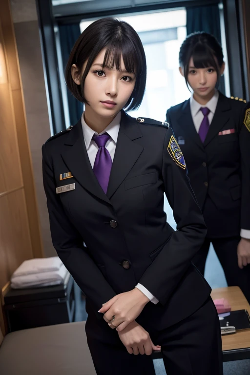 High image quality、detailed、Secret Underground Base、Dimly lit room、Slender woman、Multiple people、Beautiful body、Beautiful Face、Black Eyes、Black Short Hair、thin、purple bodysuit、Uniform、セキュリティUniform、security guard、