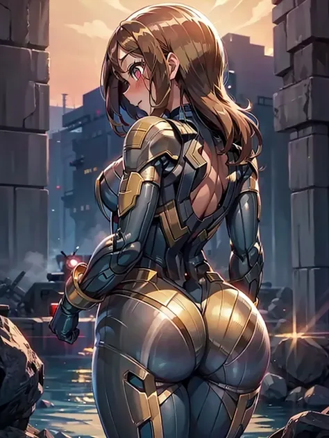 hmochako, blushing, shotr hair, voluptuous figure, superhero, gold, view from behind