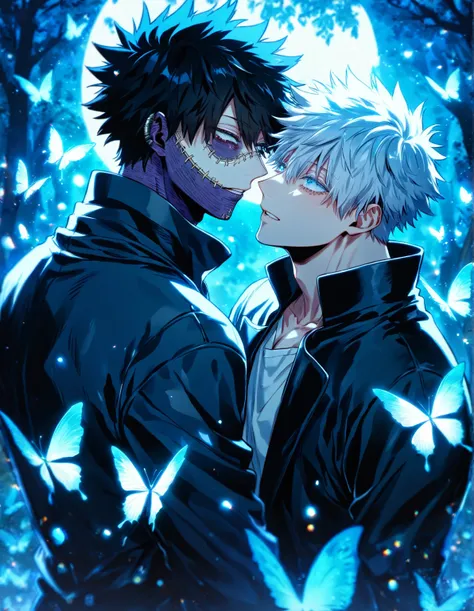 absurdres, highres, ultra detailed, HDR, master piece, best quality, detailed eyes, Dabi, black hair, expressive turquoise eyes, Boku No Hero Academia, Gojou Satoru, white hair, expressive blue eyes, white eyelashes, two sexy men together, yaoi, gay couple...