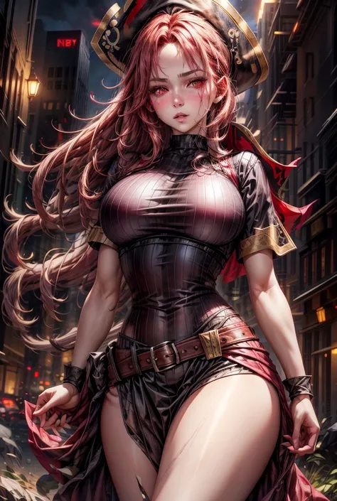 Beautiful girl, white skin, red hair, red eyes, big and striking chest, pirate clothes, black clothes 