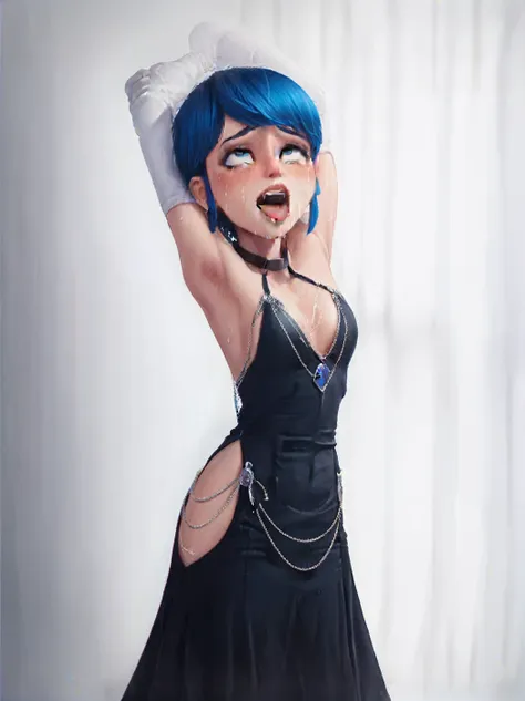 0v3rl0rd, dress, black dress, collar, posando como modelo, pezones, deep blue hair, ahegao