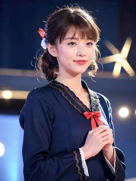 (Very delicate and beautiful: 1.2), One Girl, bangs, blue eyes, Blur, Blur backgroun, bow, Brown Hair,Hair bow, lanthanum, Particles of light, Long sleeve, Looking at the audience, Medium Hair, night, Red ribbon, Alone, star(symbol), Upper body smile, Red ...