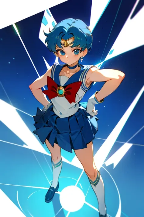 {best quality:1.5}, {very aesthetic:1.2}, ami mizuno, blue eyes, blue hair, short hair, parted bangs,back bow, blue bow, blue choker, blue sailor collar, blue skirt, bow, choker, earrings, gloves, jewelry, magical girl, miniskirt, pleated skirt, sailor col...