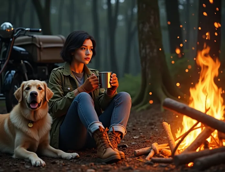 On a quiet night, with the stars visible through the gaps between the trees, a beautiful woman with short black hair and a calm expression is camping. She is wearing a military jacket, leather gloves, jeans, and lace-up boots. There is a bonfire next to he...