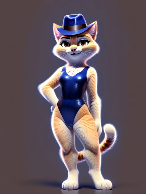 kitty softpaws, dreamworks animated, leotard, ((wearing a fedora hat)), 3:1 hip to leg ratio