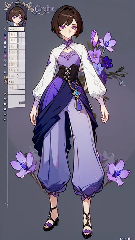 (Masterpiece, best quality), detailed, 1 woman, body, body complete, 1 female, 1 women. Character design sheet full body, Highly detailed, pale skin, indigo purple eyes, brown hair, short hair, male hairstyle, short male hair, lavender flower, lavender flo...