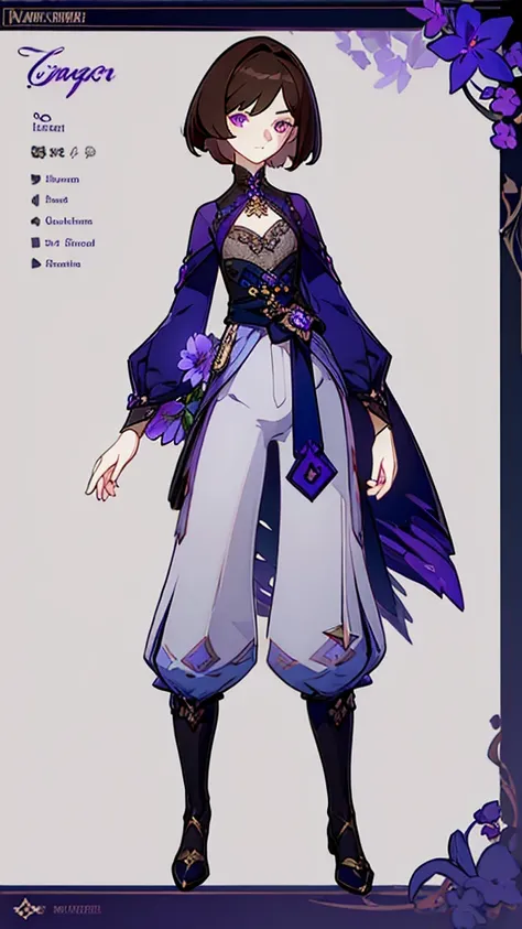 (Masterpiece, best quality), detailed, 1 woman, body, body complete, 1 female, 1 women. Character design sheet full body, Highly detailed, pale skin, indigo purple eyes, brown hair, short hair, male hairstyle, short male hair, lavender flower, lavender flo...