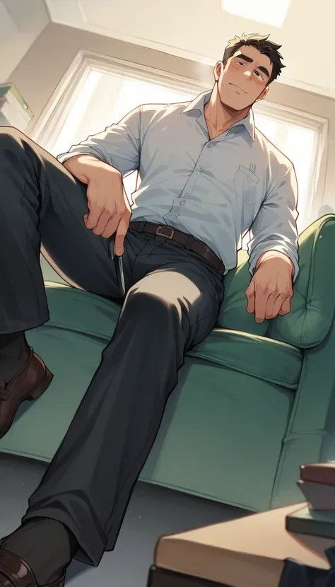 man in office attires, pants:2, sitting on a sofa showing smelly black long dress-socks, low angle, long shoot, good face