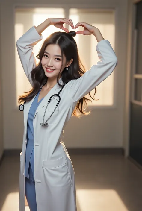 photorealistic, photograph, full body shot, standing, smiling beautiful Japanese female doctor making arm heart, slim hourglass figure, narrow waist, medium breasts, beautiful detailed face, black chignon hair, pale skin, fair skin, realistic skin, detaile...