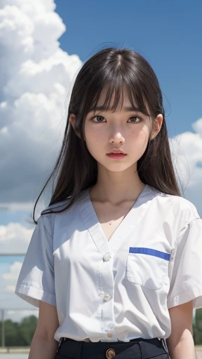 muste piece, Top quality, 8k, , japanese girl,10yo, slender, Raw photo, Absurd, award-winning portraits, (detailed face, shy smile)、{3 | 2} Girl standing in schoolyard, Cumulonimbus clouds floating in the summer sky, Women&#39;s navy blue competitive swims...