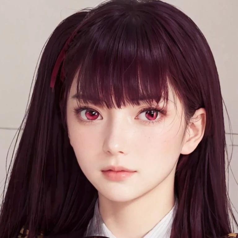 A young woman(beautiful,elegant), Just looking at the viewer, (realistic:1.4), (WA2K:1.0), red eyes, shirt, jacket, red tie, (burgundy hair color), Braid, (one side up:1.2), (Hair band), (blush, ashamed), (while getting angry),(detailed, ultra-detailed, hi...