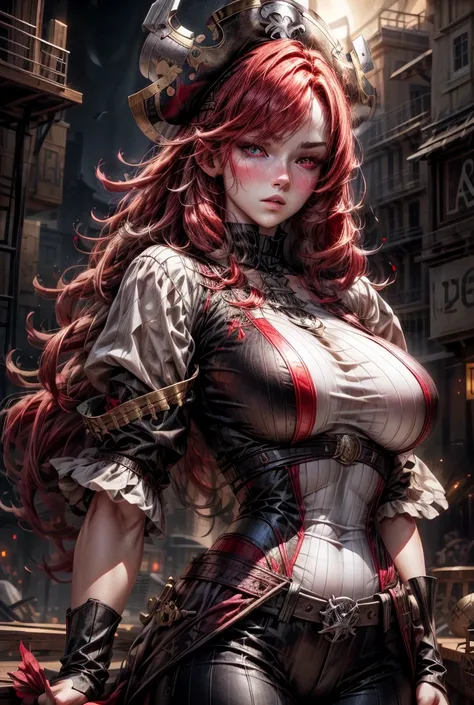 Beautiful girl, white skin, red hair, red colored eyes, big and striking chest, pirate clothes, black clothes 