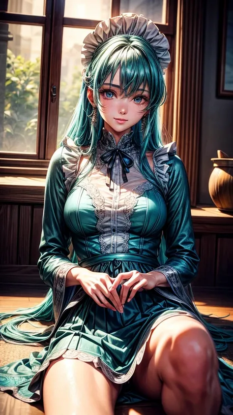 Beautiful 20 year old woman,Slim body、Beautiful Face、Turquoise Hair、Long Hair、Detailed slit eyes、Turquoise Eyes、Turquoise maid outfit、Turquoise long sleeve shirt、Turquoise long skirt、Turquoise gloves、Turquoise tights、boots、Headband、Frills、kitchen、smile、sit...