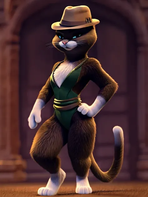 Kitty Softpaws, DreamWorks Animated, Leotard, ((Wearing a fedora hat)), 3:1 Hip to leg ratio