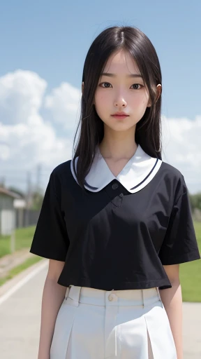 muste piece, Top quality, 8k, , japanese girl,10yo, slender, Raw photo, Absurd, award-winning portraits, (detailed face, shy smile)、{3 | 2} Girl standing in schoolyard, Cumulonimbus clouds floating in the summer sky, Women&#39;s navy blue competitive swims...