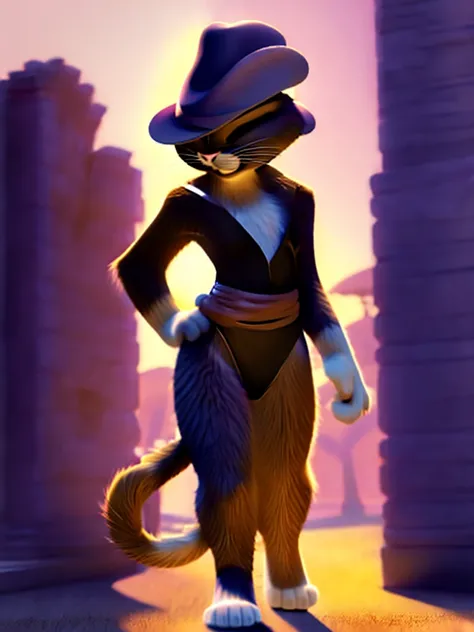 Kitty Softpaws, DreamWorks Animated, Leotard, ((Wearing a fedora hat)), 3:1 Hip to leg ratio, Bright Lighting