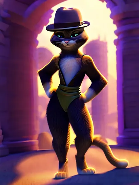 kitty softpaws, dreamworks animated, leotard, ((wearing a fedora hat)), 3:1 hip to leg ratio, bright lighting