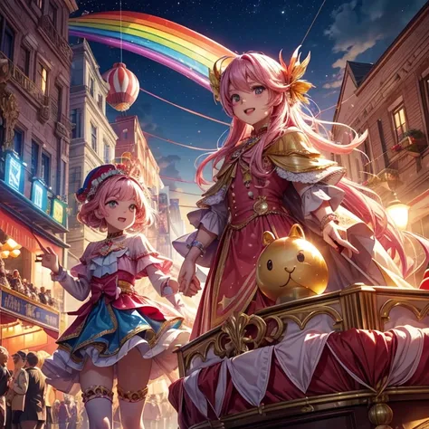 The drowsy pink light is perfect for revelry. Pieces of the rainbow overflow the streets, One for you, one for me.

Look!! The parade is coming. Look!! The parade is coming. The carnival parade. The carnival parade.

The march that decorates the twilight, ...