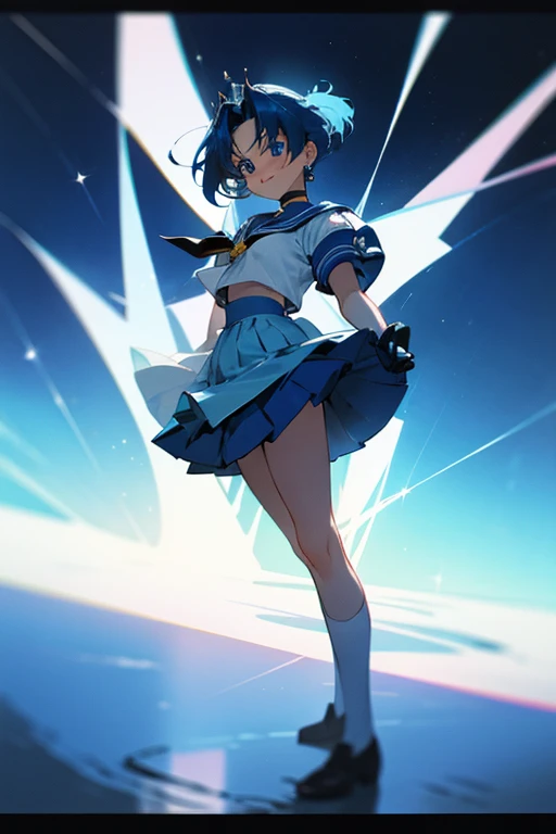 {best quality}, {very aesthetic}, facing viewer,Beautiful ami mizuno, blue eyes, blue hair, short hair, parted bangs,back bow, blue bow, blue choker, blue sailor collar, blue skirt, bow, choker, earrings, gloves, jewelry, magical girl, miniskirt, pleated s...