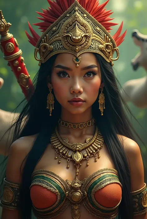 (best quality,4k,8k,highres,masterpiece:1.2),ultra-detailed,realistic,beautiful Indonesian woman warrior,expressive eyes, Indonesian Culture and Art,detailed warrior attire,intricate headdress,golden jewelry,dazzling sword,speaking power and strength,ancie...