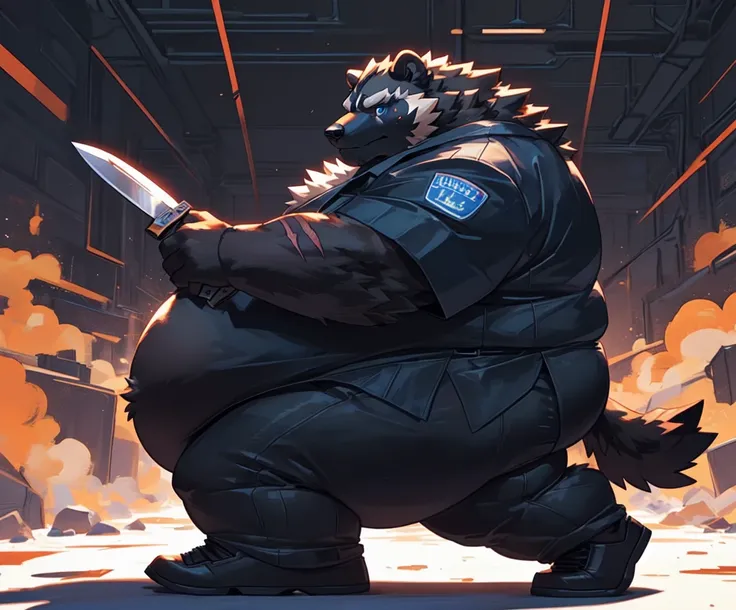 Very Extremely Morbidly-Obese animal Wolverine with Very Extremely massive Overhang hyper Belly, very extremely overweight, massive belly, chubby face, chubby legs, chubby butt, scar on the face, wears shoes, wears business suit, Blue eyes, Looking at view...